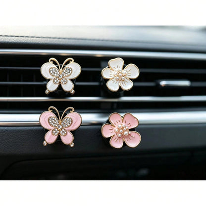 2pcs Alloy Rhinestone Butterfly Car Air Vent Clip Daisy Flower Car Aromatherapy Clip Creative Car Decor For Women