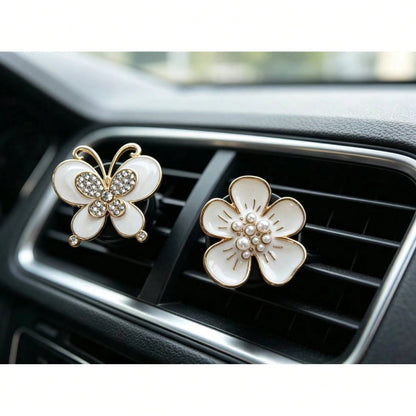 2pcs Alloy Rhinestone Butterfly Car Air Vent Clip Daisy Flower Car Aromatherapy Clip Creative Car Decor For Women
