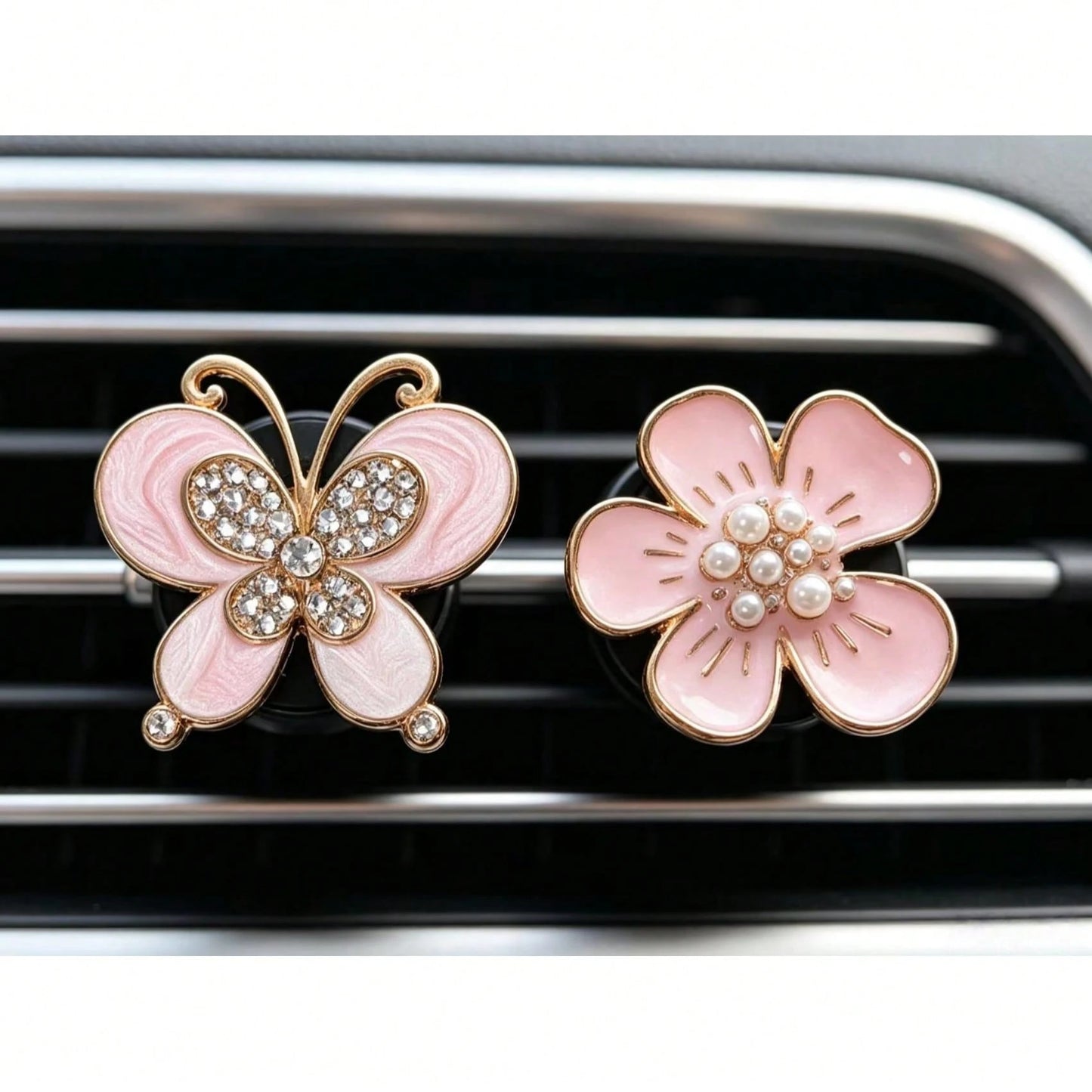 2pcs Alloy Rhinestone Butterfly Car Air Vent Clip Daisy Flower Car Aromatherapy Clip Creative Car Decor For Women