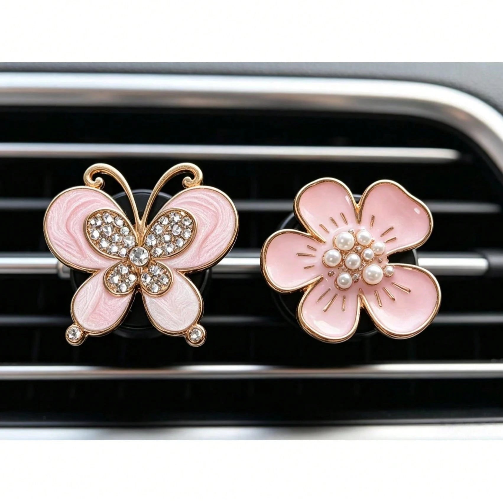 2pcs Alloy Rhinestone Butterfly Car Air Vent Clip Daisy Flower Car Aromatherapy Clip Creative Car Decor For Women