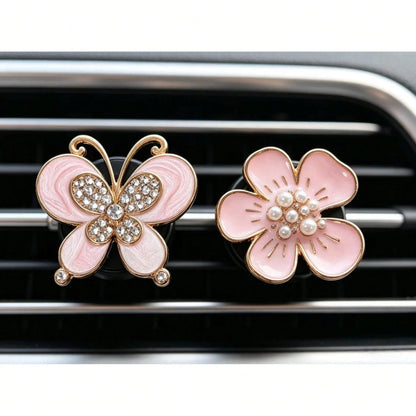 2pcs Alloy Rhinestone Butterfly Car Air Vent Clip Daisy Flower Car Aromatherapy Clip Creative Car Decor For Women