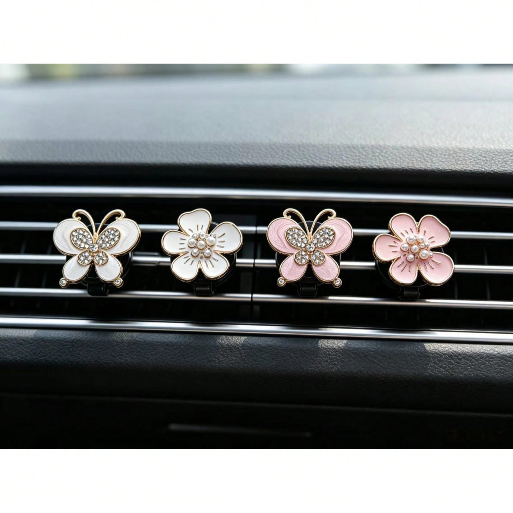 2pcs Alloy Rhinestone Butterfly Car Air Vent Clip Daisy Flower Car Aromatherapy Clip Creative Car Decor For Women