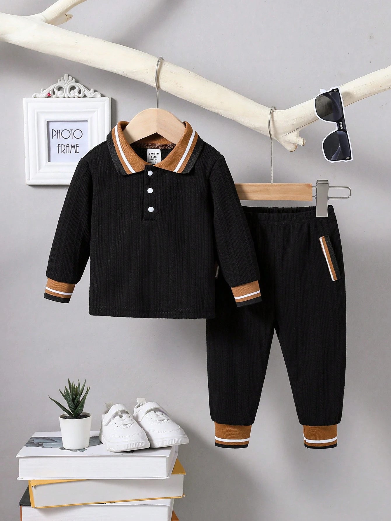 2pcs Baby Boy Polo Collar Rib-Knit Jacquard Shirt And Casual Long Pants Set, Suitable For Autumn