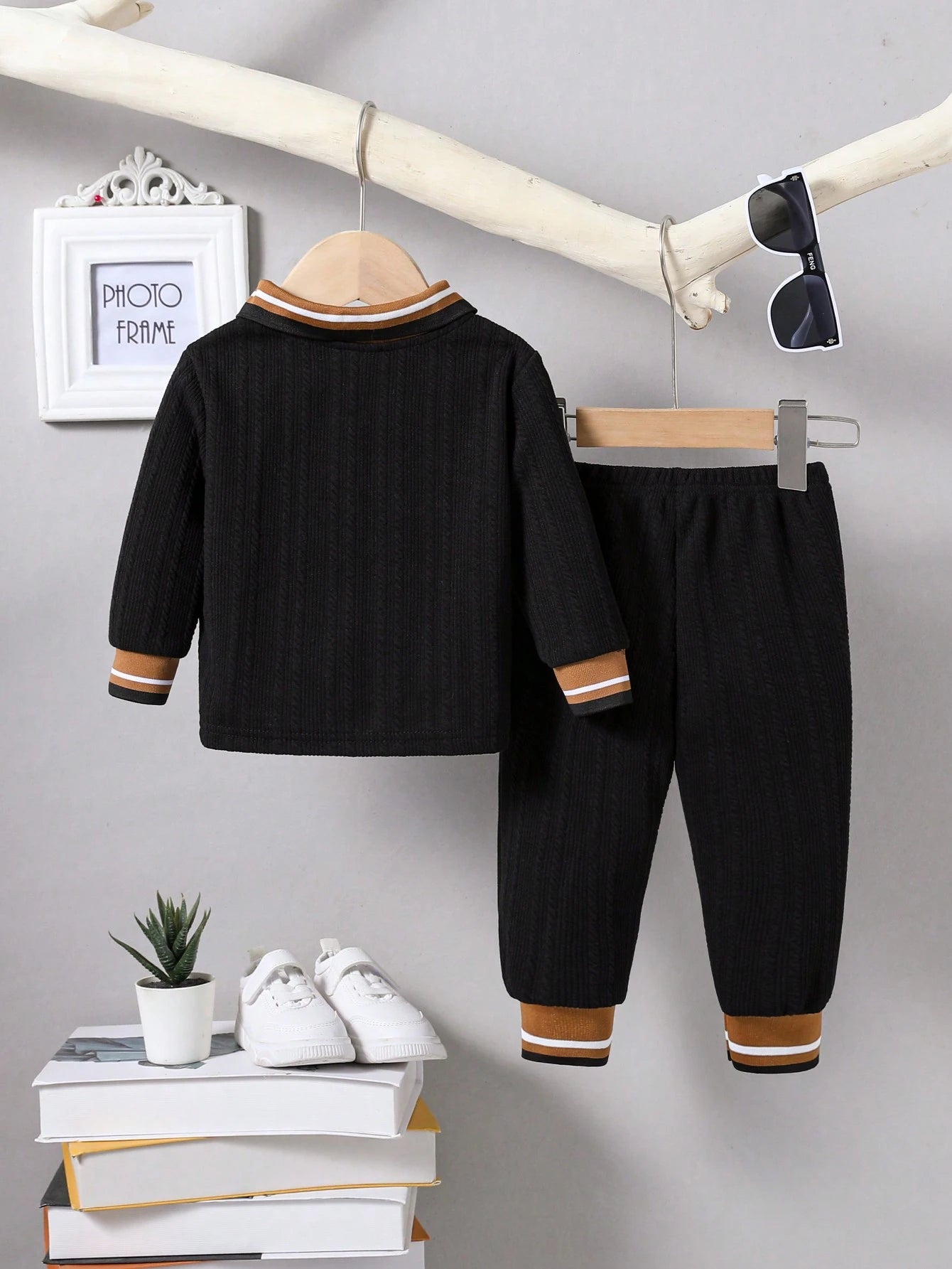 2pcs Baby Boy Polo Collar Rib-Knit Jacquard Shirt And Casual Long Pants Set, Suitable For Autumn
