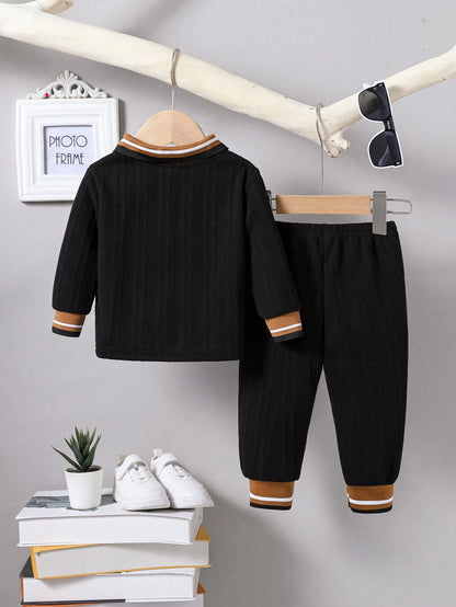 2pcs Baby Boy Polo Collar Rib-Knit Jacquard Shirt And Casual Long Pants Set, Suitable For Autumn