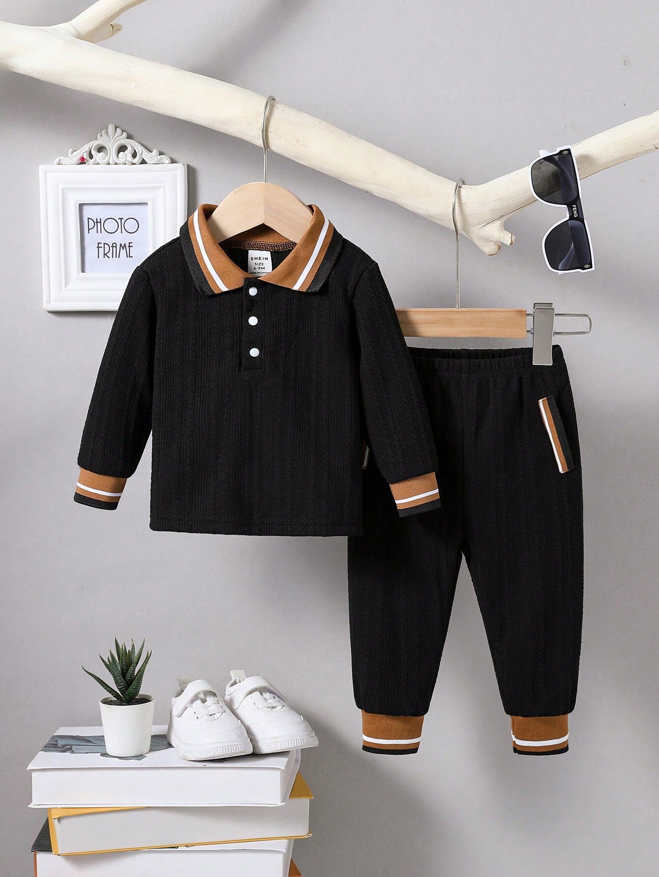 2pcs Baby Boy Polo Collar Rib-Knit Jacquard Shirt And Casual Long Pants Set, Suitable For Autumn