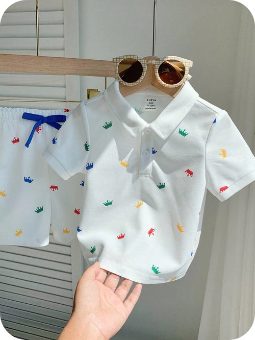 2pcs Baby Boy White Summer Cute Family Matching Party Outfit,Crown Print Polo Shirt And Elastic Waist Shorts Set For Birthday,Wedding,Baptism,1st Gift