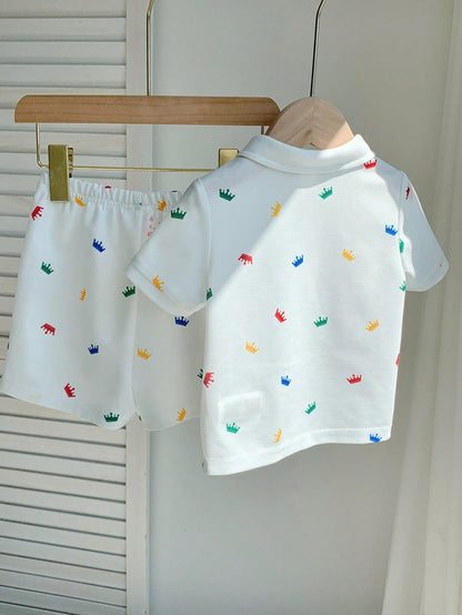 2pcs Baby Boy White Summer Cute Family Matching Party Outfit,Crown Print Polo Shirt And Elastic Waist Shorts Set For Birthday,Wedding,Baptism,1st Gift