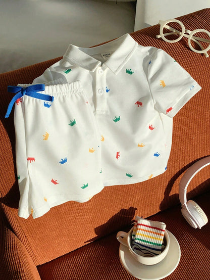 2pcs Baby Boy White Summer Cute Family Matching Party Outfit,Crown Print Polo Shirt And Elastic Waist Shorts Set For Birthday,Wedding,Baptism,1st Gift