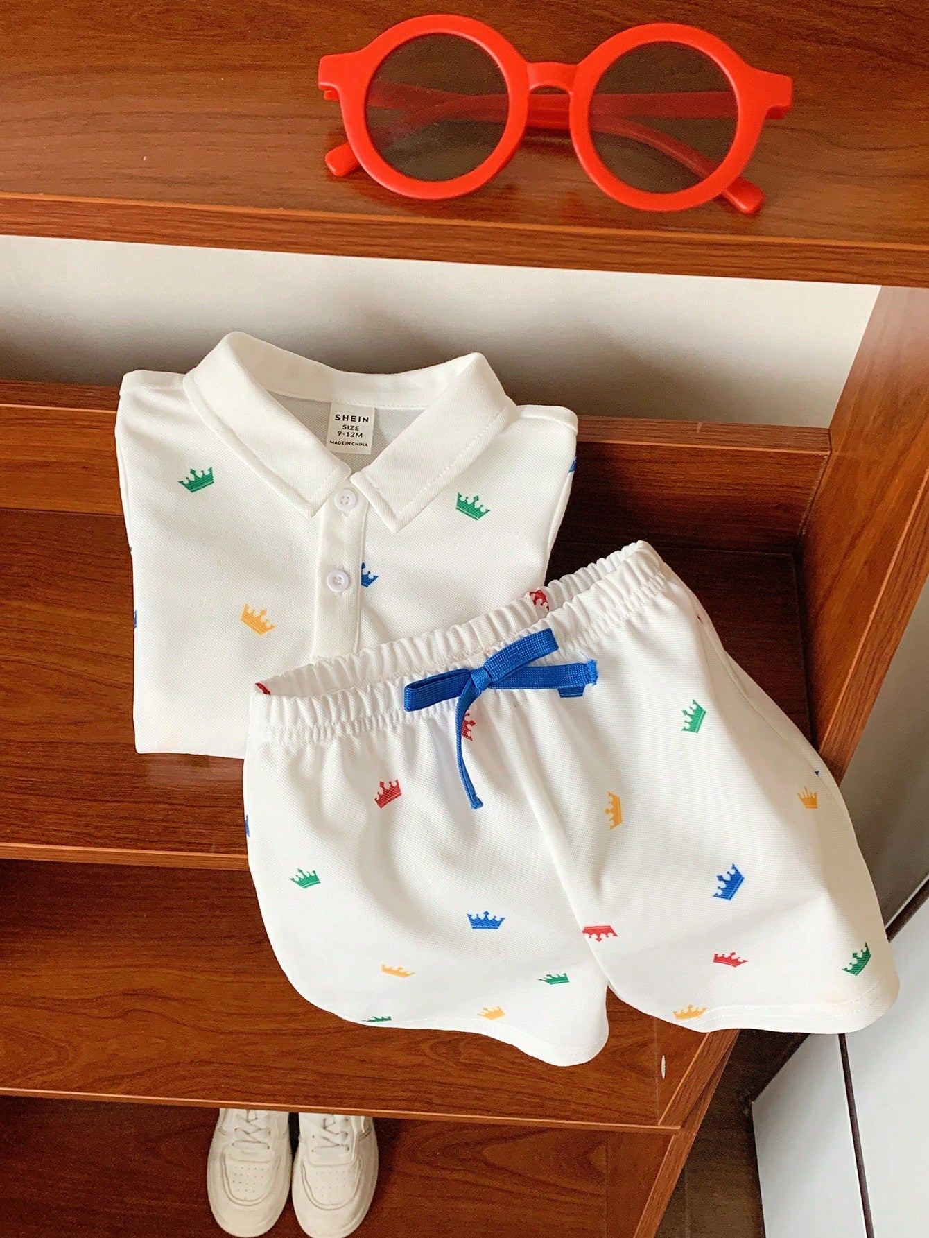 2pcs Baby Boy White Summer Cute Family Matching Party Outfit,Crown Print Polo Shirt And Elastic Waist Shorts Set For Birthday,Wedding,Baptism,1st Gift