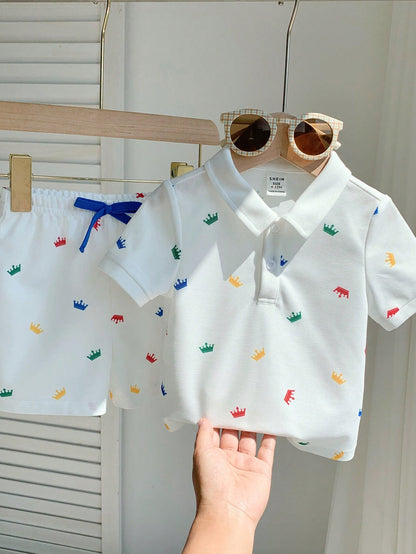 2pcs Baby Boy White Summer Cute Family Matching Party Outfit,Crown Print Polo Shirt And Elastic Waist Shorts Set For Birthday,Wedding,Baptism,1st Gift