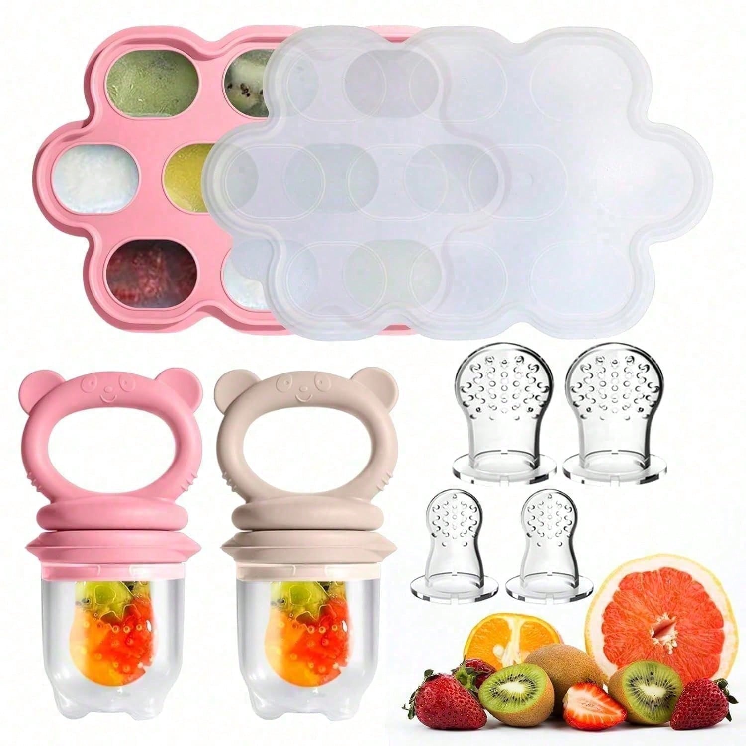 2PCS Baby Food Feeder Set, Silicone Fruit Feeder With S/M/L Pouches & Breastmilk Popsicle Freezer Tray With Lid, Baby Feeding Essentials