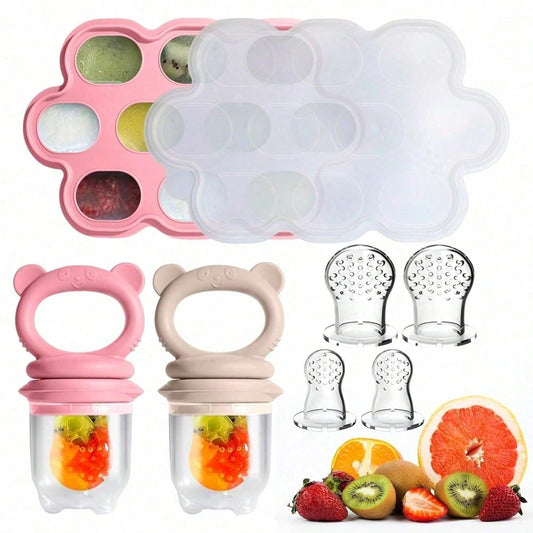 2PCS Baby Food Feeder Set, Silicone Fruit Feeder With S/M/L Pouches & Breastmilk Popsicle Freezer Tray With Lid, Baby Feeding Essentials