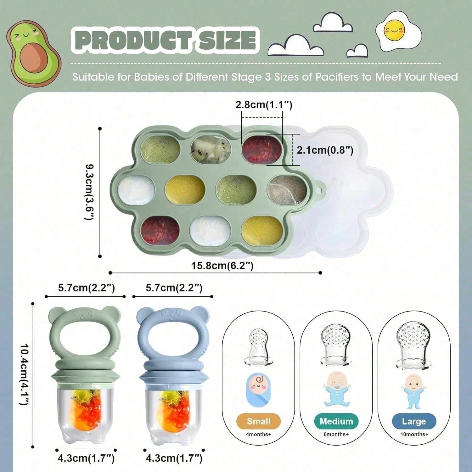 2PCS Baby Food Feeder Set, Silicone Fruit Feeder With S/M/L Pouches & Breastmilk Popsicle Freezer Tray With Lid, Baby Feeding Essentials