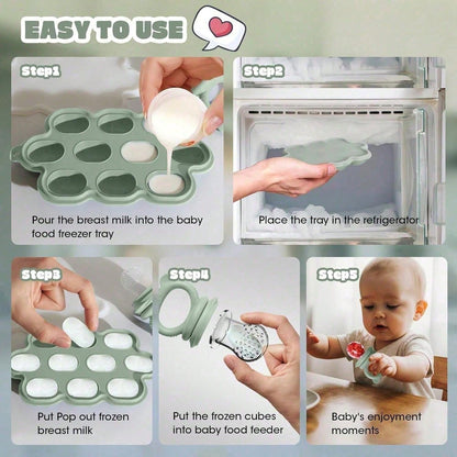 2PCS Baby Food Feeder Set, Silicone Fruit Feeder With S/M/L Pouches & Breastmilk Popsicle Freezer Tray With Lid, Baby Feeding Essentials