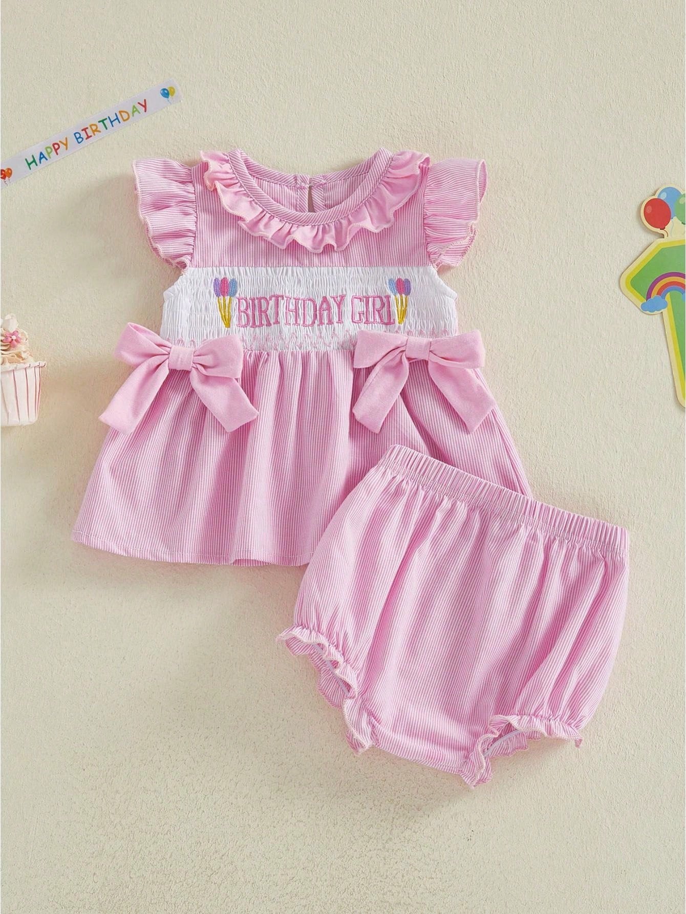 2Pcs Baby Girl Birthday Outfits Ruffle Sleeveless Bowknot Tank Tops + Shorts Set Toddler Clothes