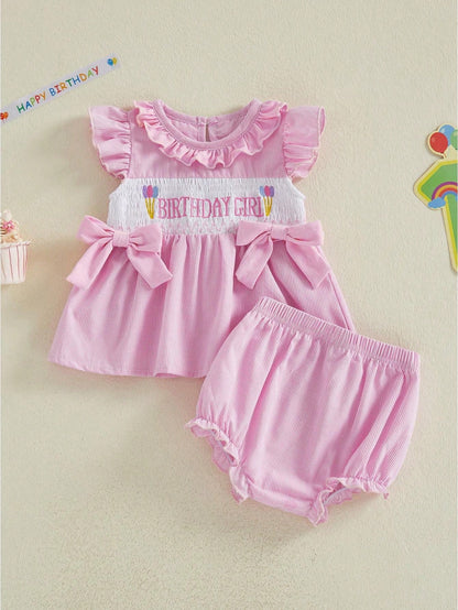 2Pcs Baby Girl Birthday Outfits Ruffle Sleeveless Bowknot Tank Tops + Shorts Set Toddler Clothes