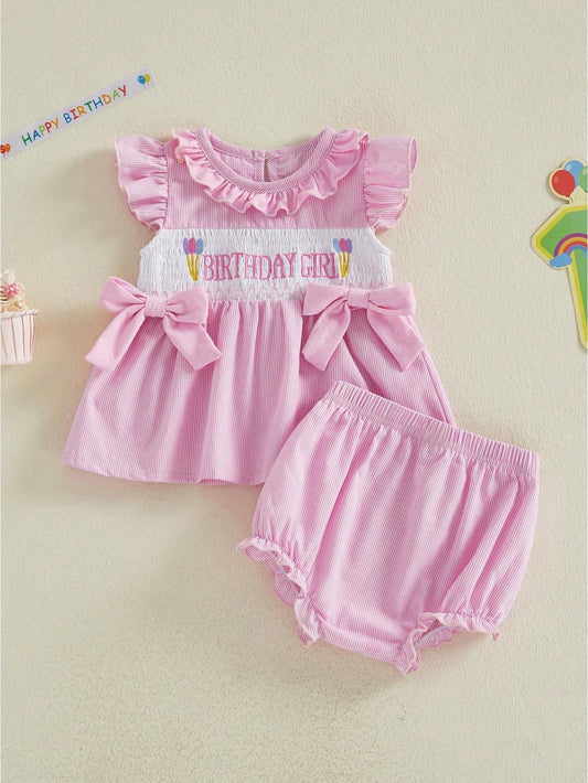 2Pcs Baby Girl Birthday Outfits Ruffle Sleeveless Bowknot Tank Tops + Shorts Set Toddler Clothes