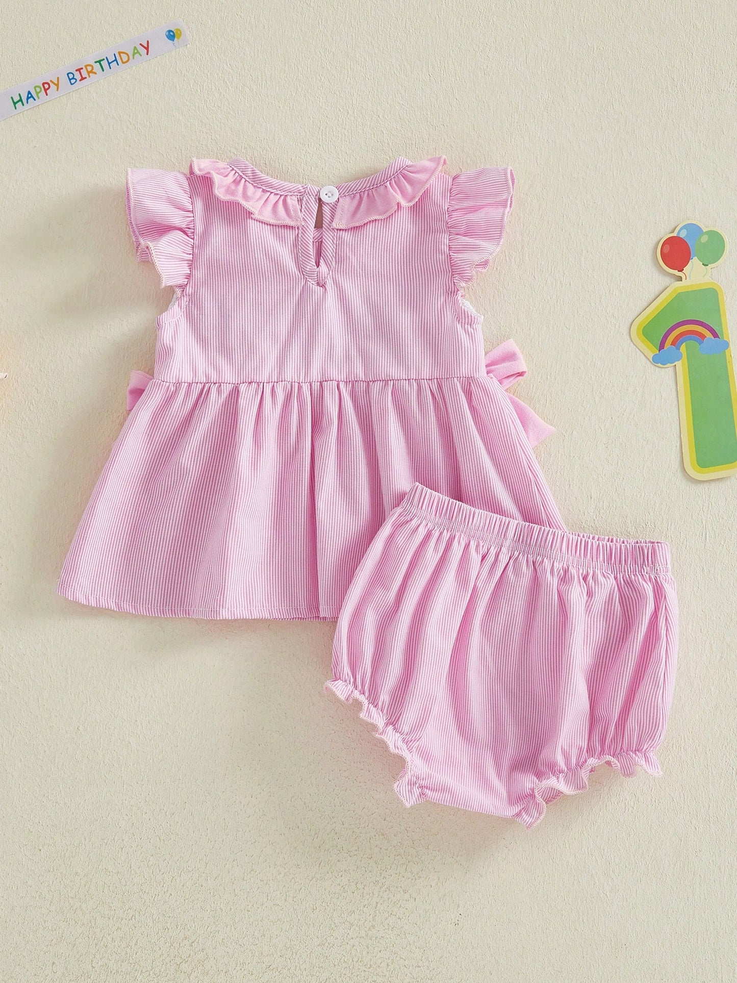 2Pcs Baby Girl Birthday Outfits Ruffle Sleeveless Bowknot Tank Tops + Shorts Set Toddler Clothes