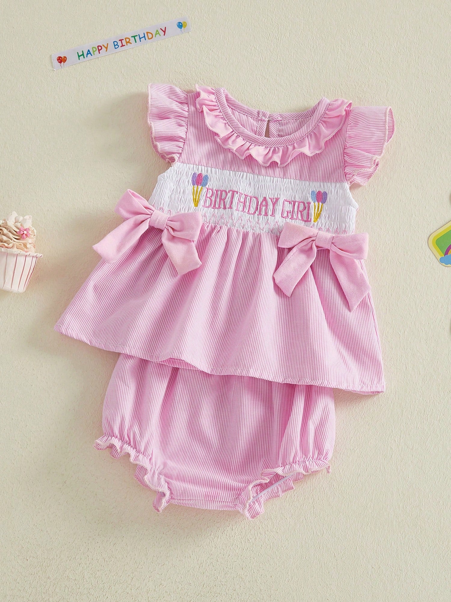 2Pcs Baby Girl Birthday Outfits Ruffle Sleeveless Bowknot Tank Tops + Shorts Set Toddler Clothes