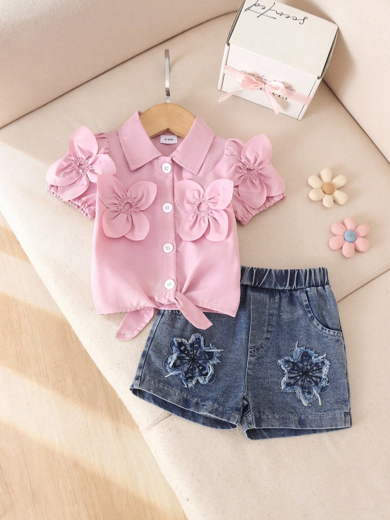 2pcs Baby Girl Cute Pink Floral Short Sleeve Shirt & Denim Shorts Set, Lightweight For Summer