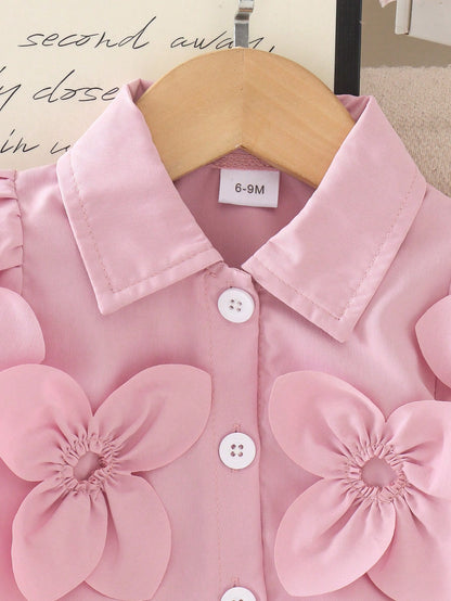 2pcs Baby Girl Cute Pink Floral Short Sleeve Shirt & Denim Shorts Set, Lightweight For Summer