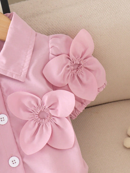 2pcs Baby Girl Cute Pink Floral Short Sleeve Shirt & Denim Shorts Set, Lightweight For Summer