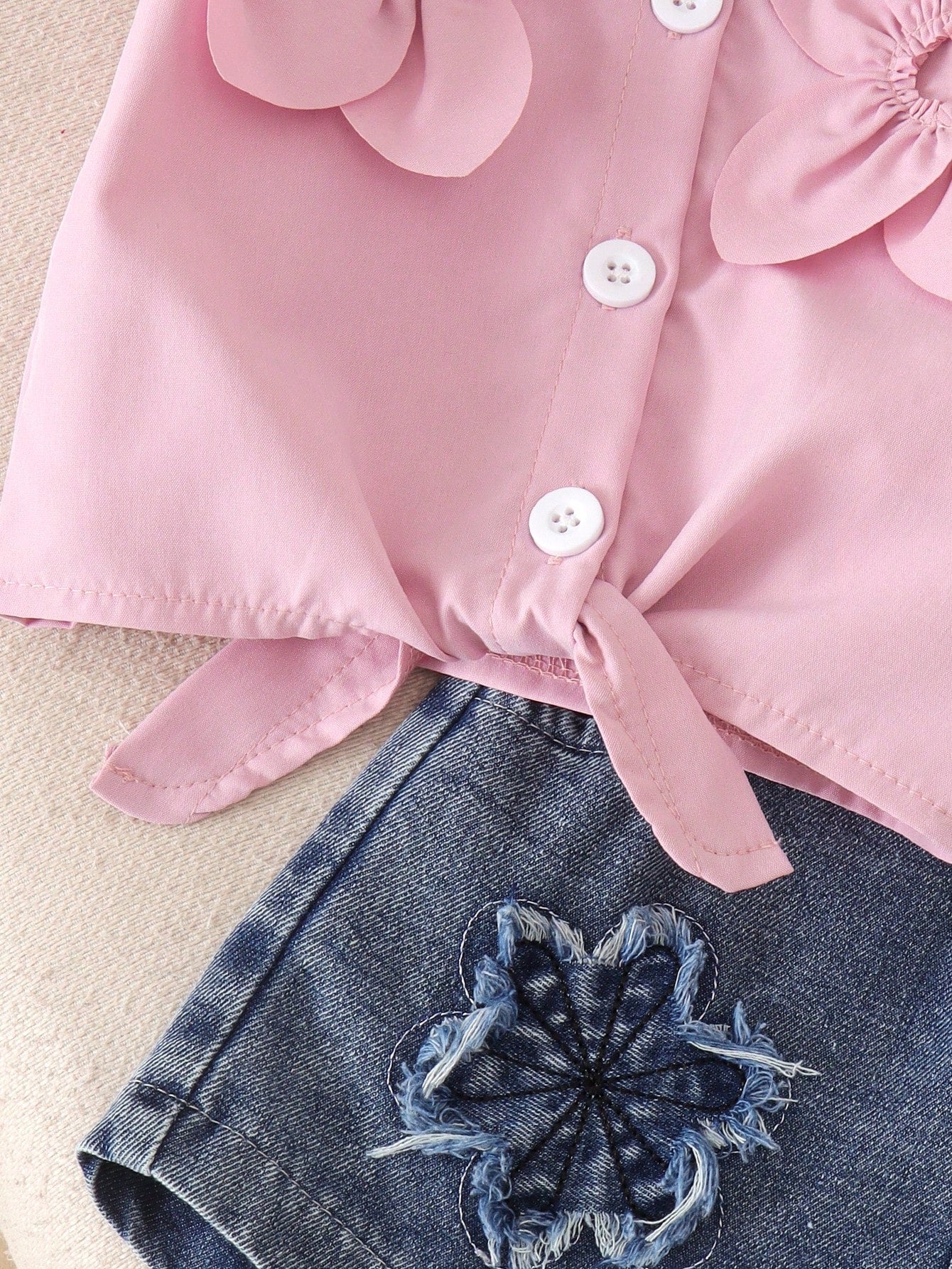 2pcs Baby Girl Cute Pink Floral Short Sleeve Shirt & Denim Shorts Set, Lightweight For Summer