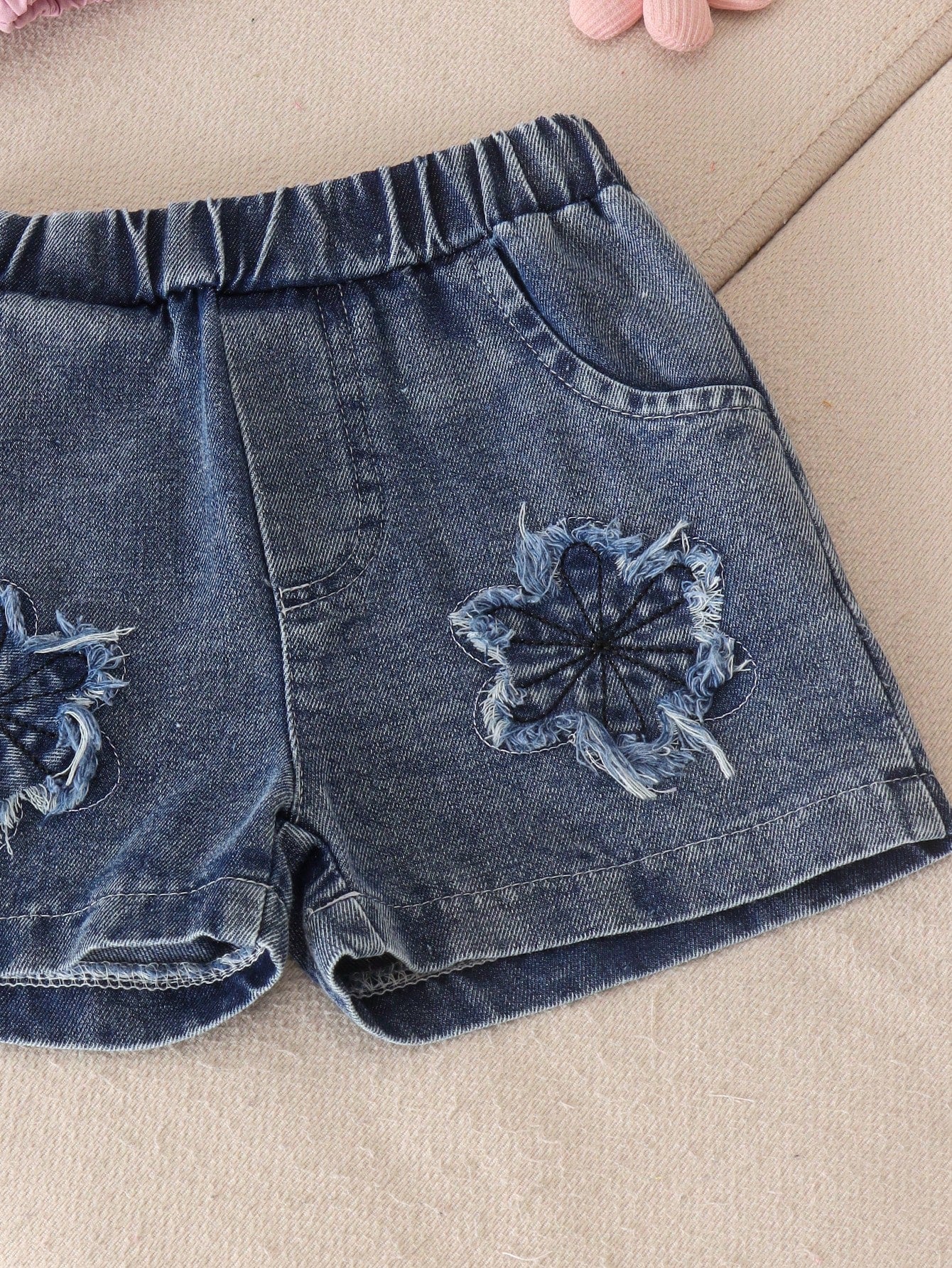 2pcs Baby Girl Cute Pink Floral Short Sleeve Shirt & Denim Shorts Set, Lightweight For Summer