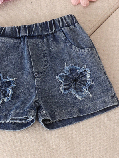 2pcs Baby Girl Cute Pink Floral Short Sleeve Shirt & Denim Shorts Set, Lightweight For Summer