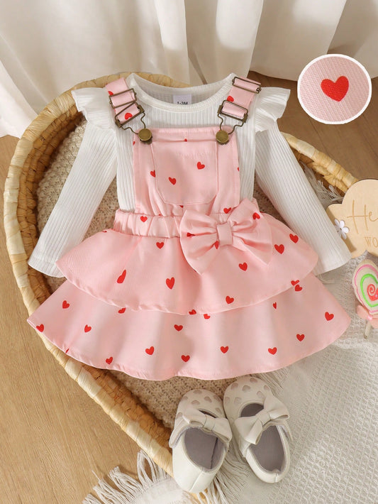 2pcs Baby Girl Cute White Long Sleeve Ribbed Bodysuit And Heart Print Overall Dress Set, Thin Spring/Autumn Outdoor