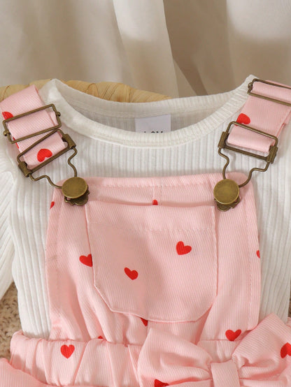 2pcs Baby Girl Cute White Long Sleeve Ribbed Bodysuit And Heart Print Overall Dress Set, Thin Spring/Autumn Outdoor