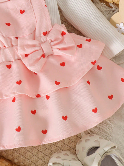 2pcs Baby Girl Cute White Long Sleeve Ribbed Bodysuit And Heart Print Overall Dress Set, Thin Spring/Autumn Outdoor