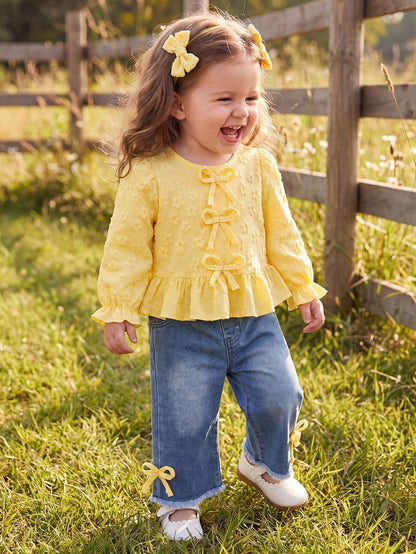 2pcs Baby Girl Sweet Floral Embroidered Blouse With Ruffle Hem & Lantern Sleeve, And Bow Decor Frayed Hem Denim Pants Set