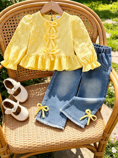 2pcs Baby Girl Sweet Floral Embroidered Blouse With Ruffle Hem & Lantern Sleeve, And Bow Decor Frayed Hem Denim Pants Set
