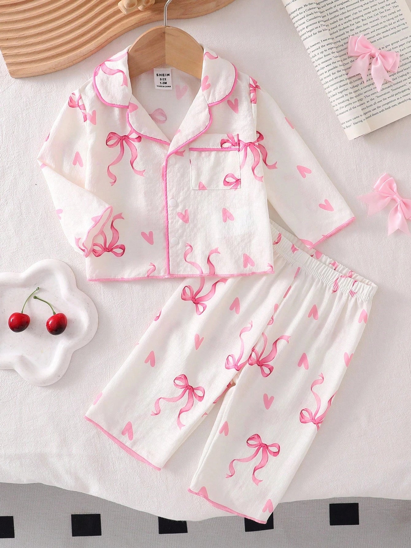 2pcs Baby Girls' Light Pink Bow Print Long Sleeve Cardigan And Pants Pajama Set, Woven Fabric Cozy For Girl, Princess Gift Night Autumn Kawaii Cute