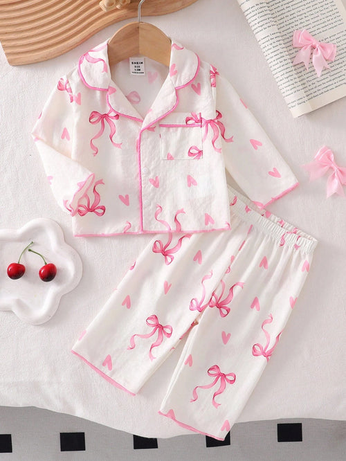 2pcs Baby Girls' Light Pink Bow Print Long Sleeve Cardigan And Pants Pajama Set, Woven Fabric Cozy For Girl, Princess Gift Night Autumn Kawaii Cute
