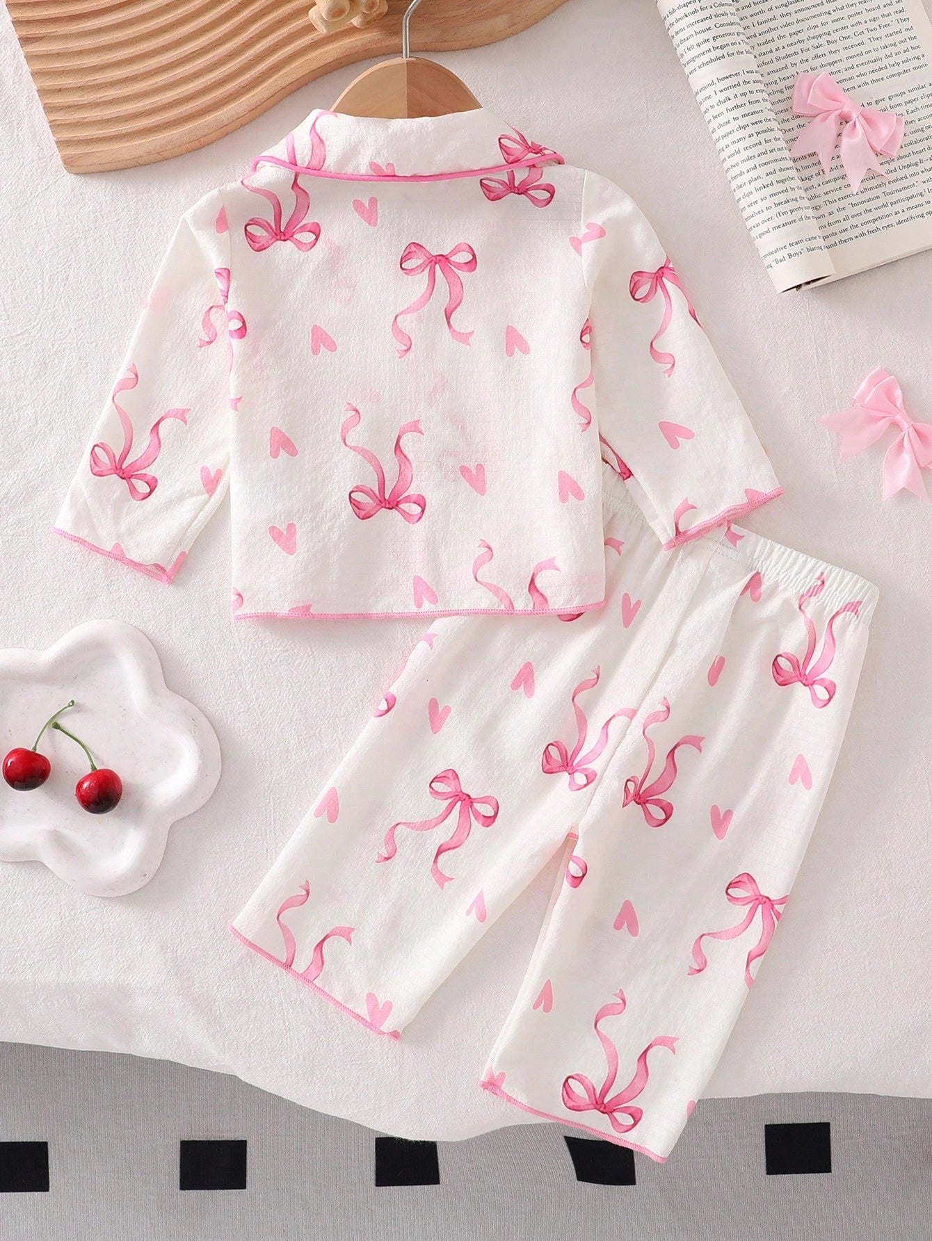 2pcs Baby Girls' Light Pink Bow Print Long Sleeve Cardigan And Pants Pajama Set, Woven Fabric Cozy For Girl, Princess Gift Night Autumn Kawaii Cute