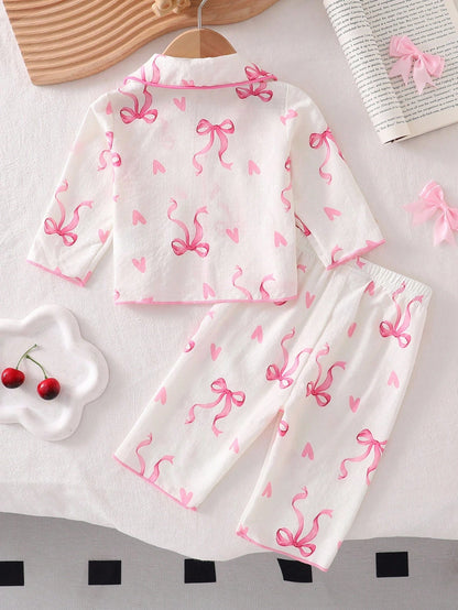 2pcs Baby Girls' Light Pink Bow Print Long Sleeve Cardigan And Pants Pajama Set, Woven Fabric Cozy For Girl, Princess Gift Night Autumn Kawaii Cute
