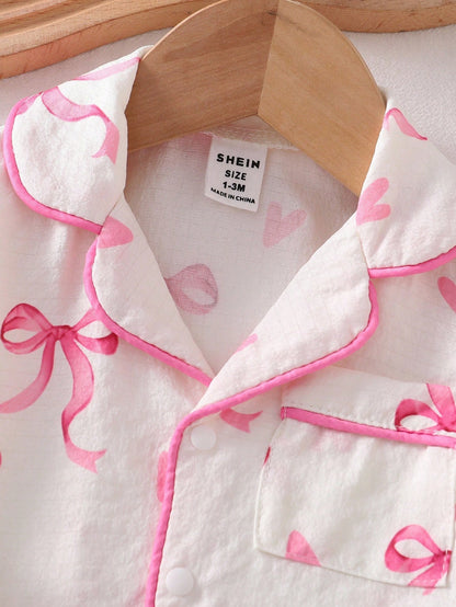 2pcs Baby Girls' Light Pink Bow Print Long Sleeve Cardigan And Pants Pajama Set, Woven Fabric Cozy For Girl, Princess Gift Night Autumn Kawaii Cute