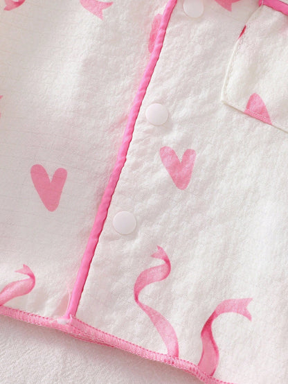 2pcs Baby Girls' Light Pink Bow Print Long Sleeve Cardigan And Pants Pajama Set, Woven Fabric Cozy For Girl, Princess Gift Night Autumn Kawaii Cute