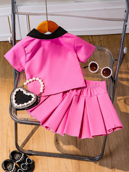 2pcs Baby Girls Outfit Sets Pink Cute Summer 2nd Birthday Korean Style Short Shirt With Bow Decor&Pleated Skirt Elegant Fashion Clothes For 3M-3T