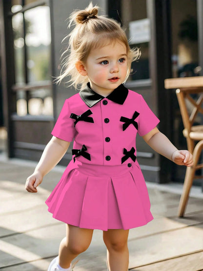 2pcs Baby Girls Outfit Sets Pink Cute Summer 2nd Birthday Korean Style Short Shirt With Bow Decor&Pleated Skirt Elegant Fashion Clothes For 3M-3T