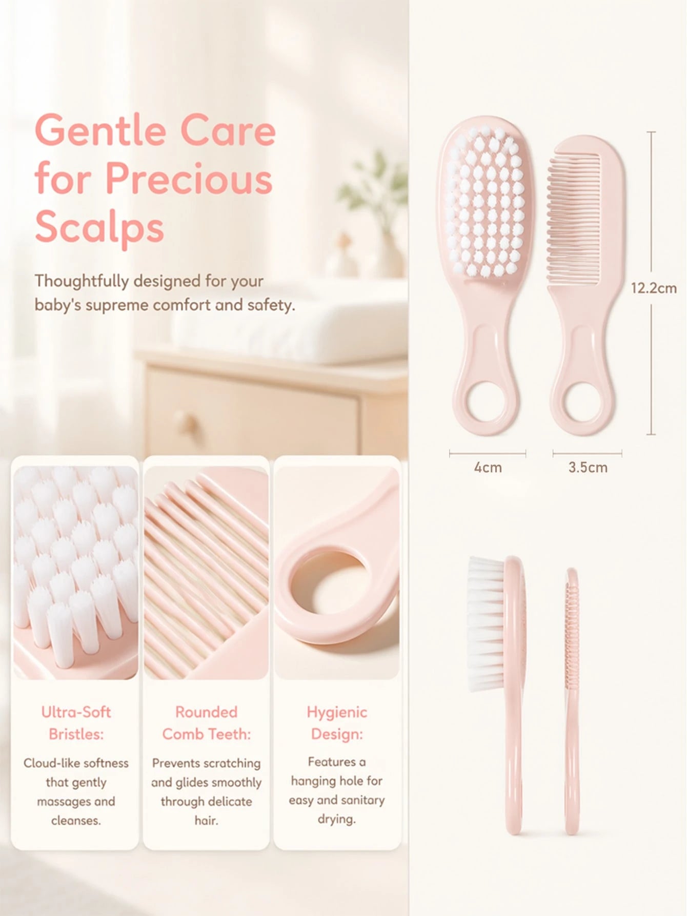 2pcs Baby Hair Brush Set, Ultra Soft Bristles With Round Tip Design, Infant Scalp Care Kit, Newborn Comb For Cradle Cap Care, Portable Toddler Hair Care Set