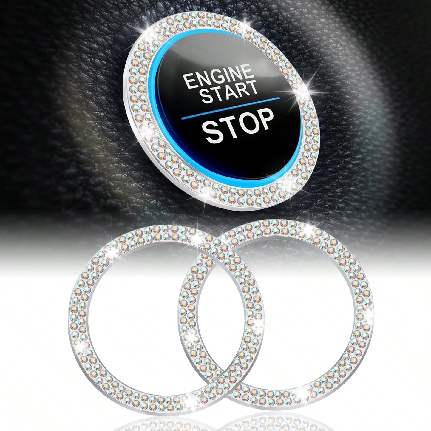 2pcs Black Rhinestone Car Engine Start/Stop Button Ring, Shiny Crystal One-Touch Start Button Decorative Cover, Universal Car Interior Accessory