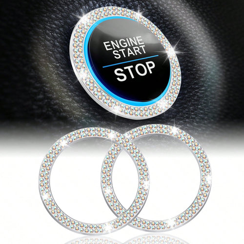 2pcs Black Rhinestone Car Engine Start/Stop Button Ring, Shiny Crystal One-Touch Start Button Decorative Cover, Universal Car Interior Accessory