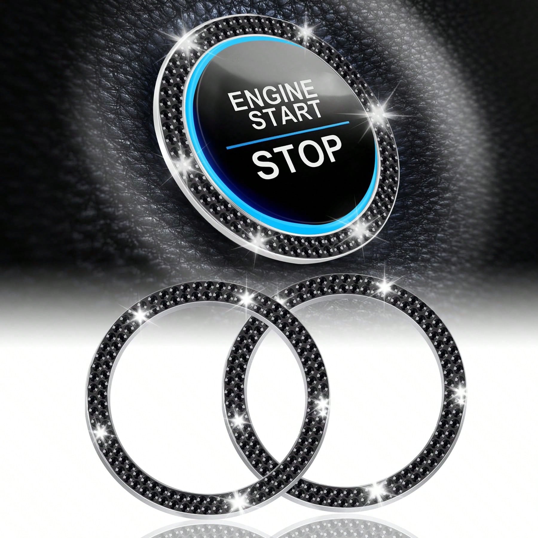 2pcs Black Rhinestone Car Engine Start/Stop Button Ring, Shiny Crystal One-Touch Start Button Decorative Cover, Universal Car Interior Accessory