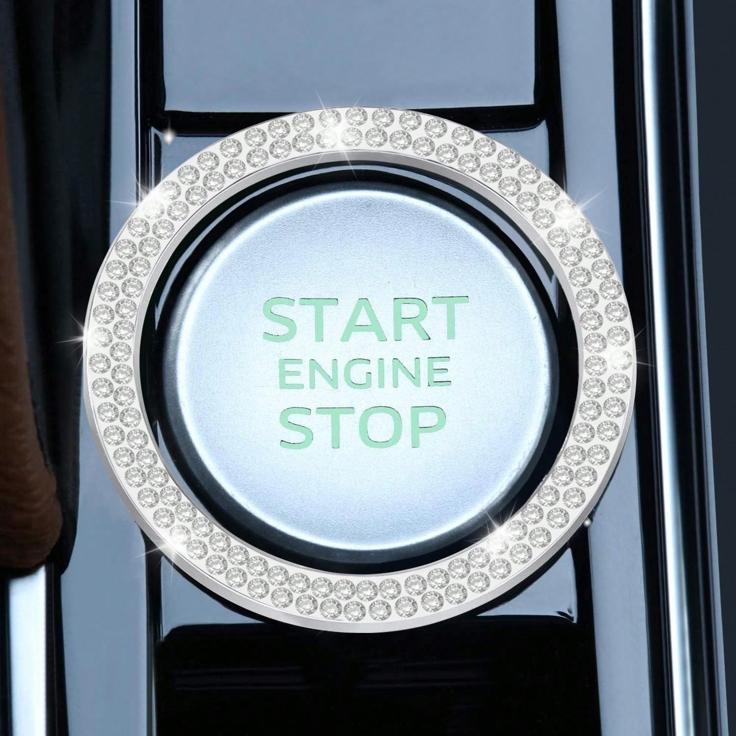 2pcs Black Rhinestone Car Engine Start/Stop Button Ring, Shiny Crystal One-Touch Start Button Decorative Cover, Universal Car Interior Accessory