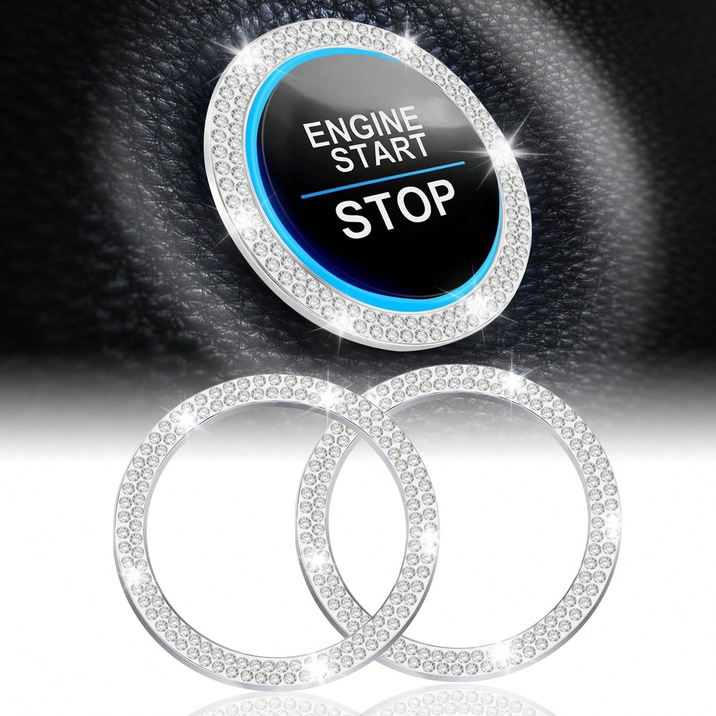 2pcs Black Rhinestone Car Engine Start/Stop Button Ring, Shiny Crystal One-Touch Start Button Decorative Cover, Universal Car Interior Accessory