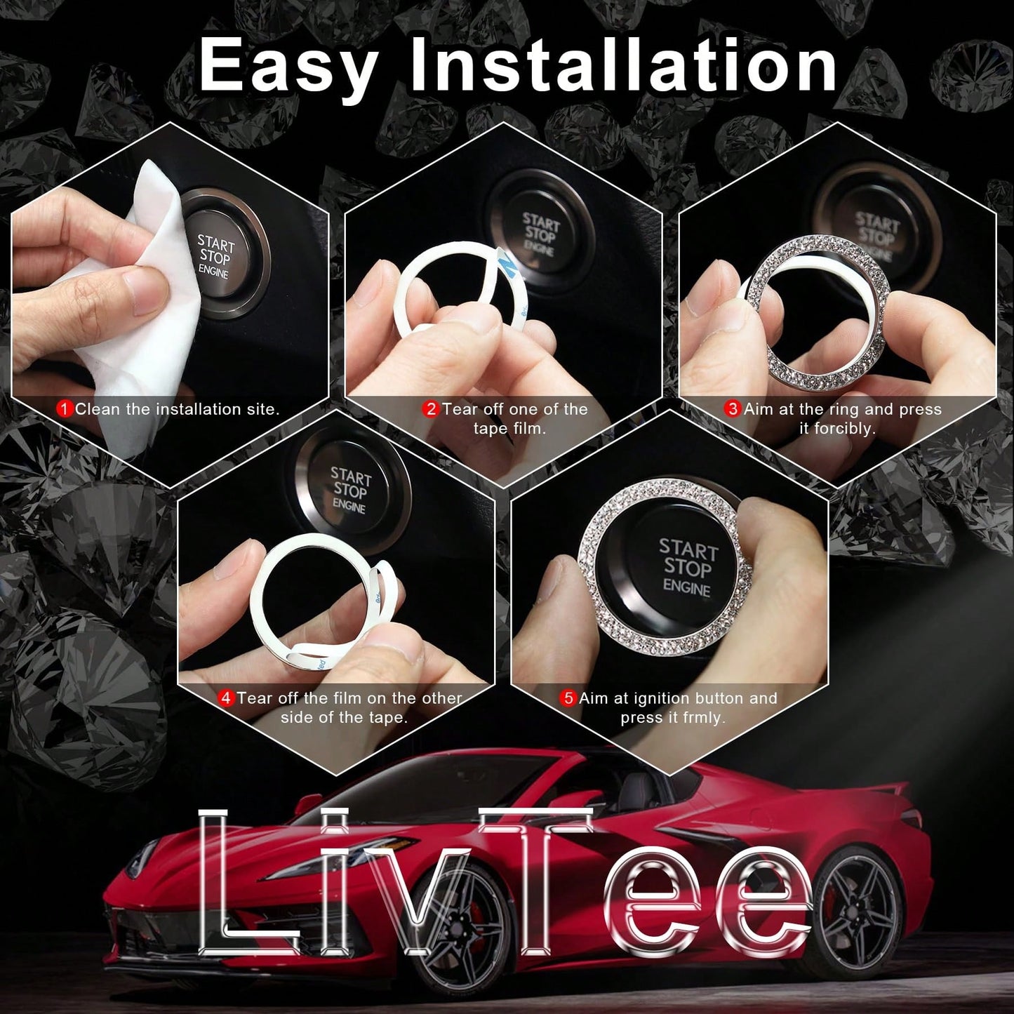 2pcs Black Rhinestone Car Engine Start/Stop Button Ring, Shiny Crystal One-Touch Start Button Decorative Cover, Universal Car Interior Accessory